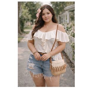 MARALLIS Collection Vtg Off Shoulder Ruffled Top White Sz XXL Boho Girly Cottage